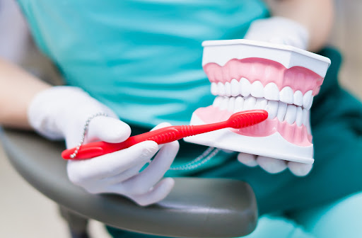 Dentista con i guanti che mostra come pulire i denti con lo spazzolino da denti