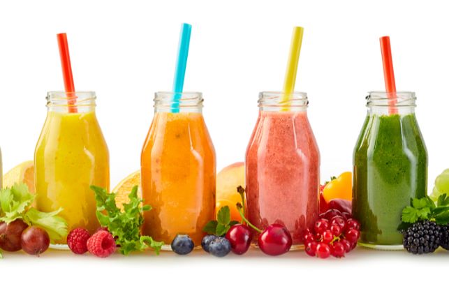 Different smoothie flavors lined up as option for soft food to have after surgery