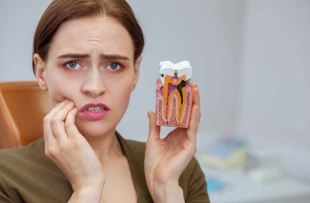 Worried looking women touching face due to toothache caused by cavities and holding model teeth with other hand
