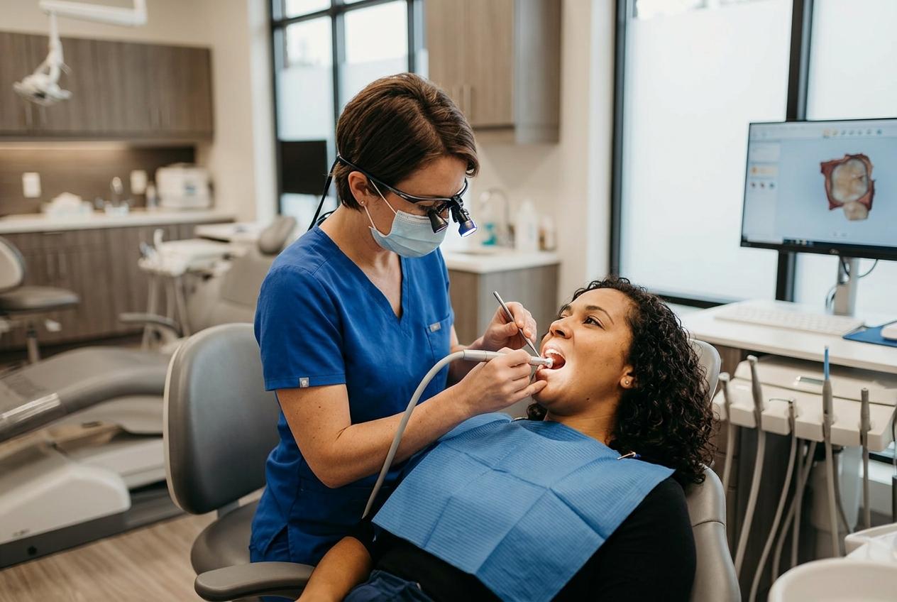 Dentist smiling and holding a dental model while consulting with a patient seated in a dental chair in a clinic.