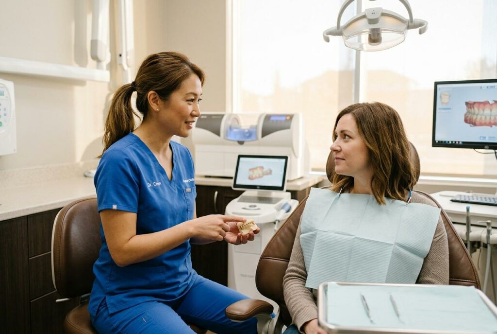 Dentist smiling and holding a dental model while consulting with a patient seated in a dental chair in a clinic.