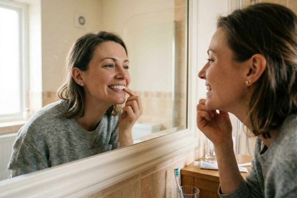 Adult smiling at their reflection while touching a front tooth in a bathroom mirror.