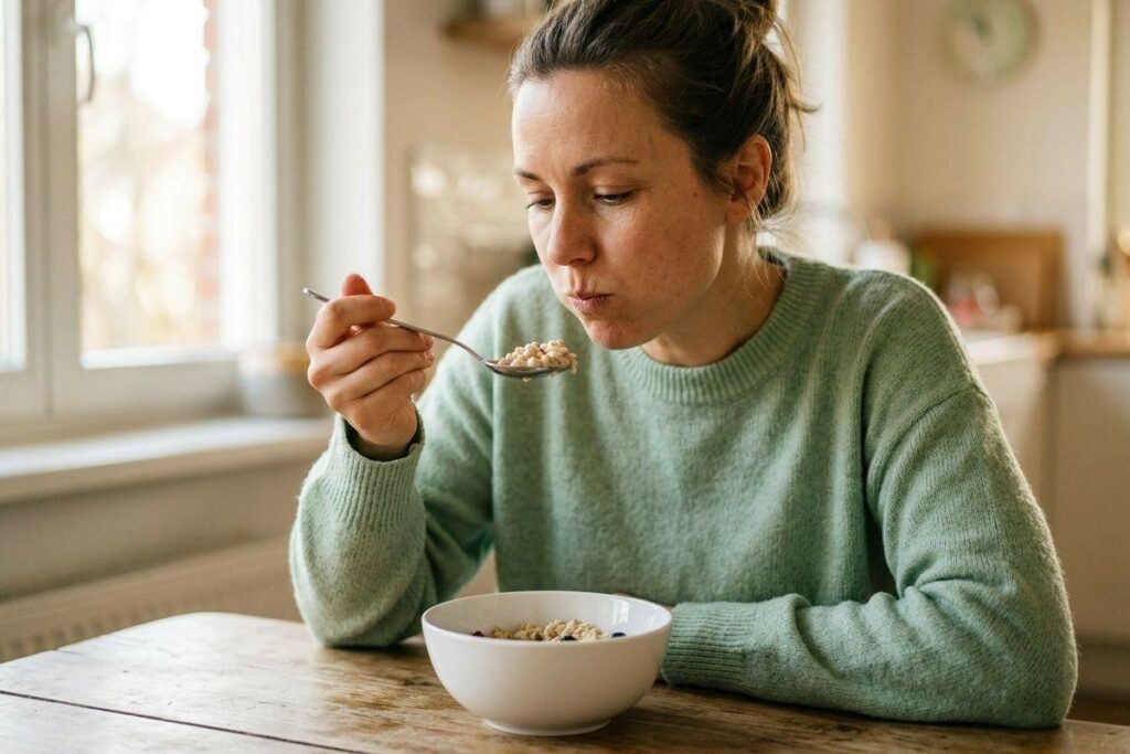 Person in a green sweater eating cereal from a white bowl with a spoon at a wooden kitchen table by a window.