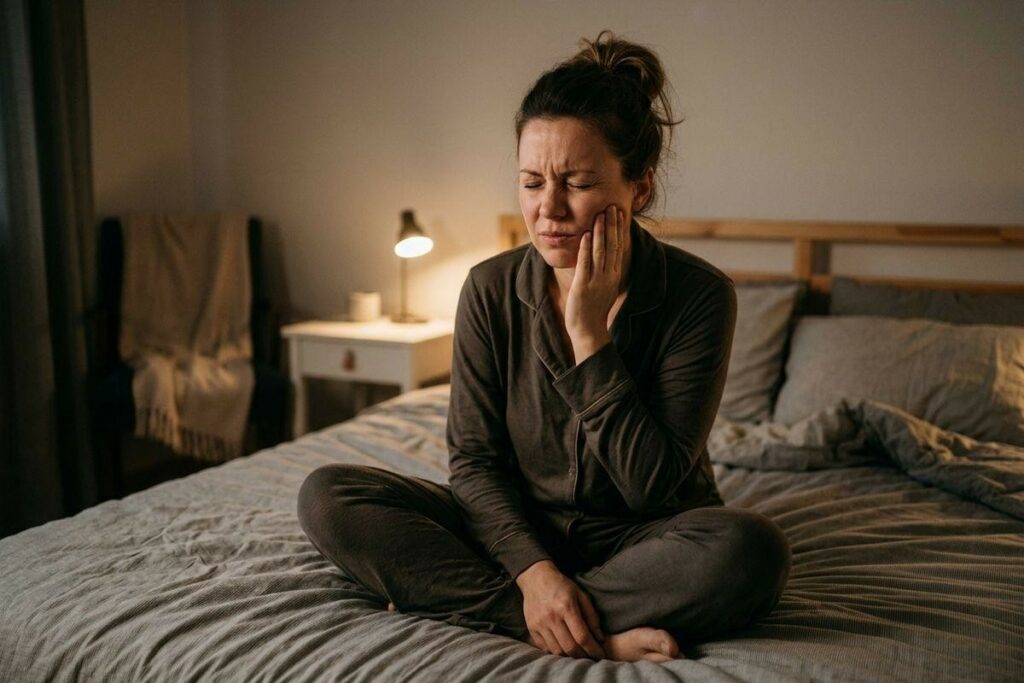 Adult in pajamas sits cross-legged on a bed in a dimly lit bedroom, holding one hand against their cheek and jaw with eyes closed, grimacing.