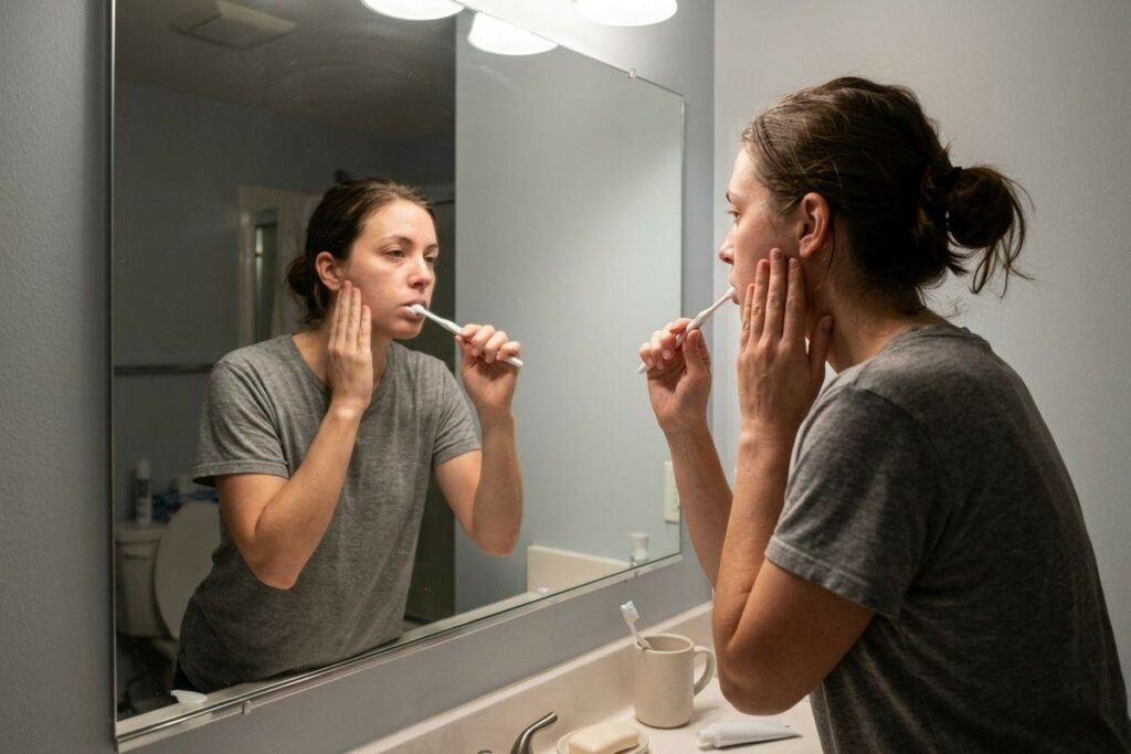 Person brushing teeth in front of a bathroom mirror, holding a toothbrush and touching their cheek with the other hand.