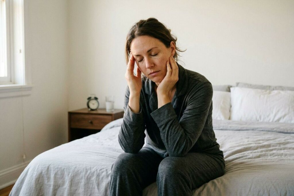 Person in grey pyjamas sits on the edge of a bed, eyes closed, hands pressed to temples; alarm clock and glass of water on nightstand.
