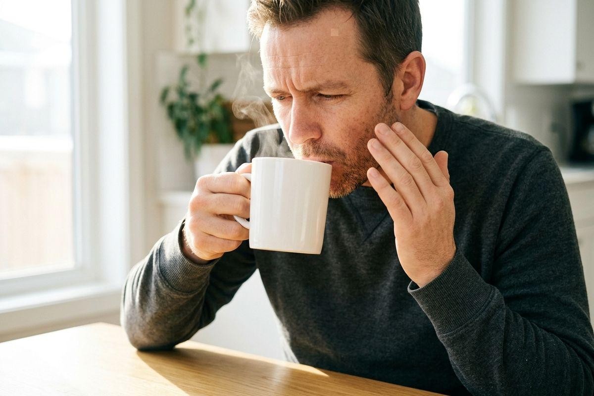 Adult sipping from a steaming white mug at a wooden table, wincing and touching one cheek with the other hand.